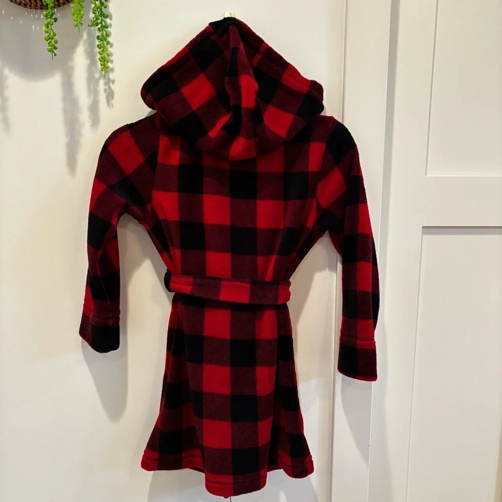 Abercrombie Kids Sleep Red Black Buffalo Plaid Fuzzy Hooded Robe Unisex Size 7/8